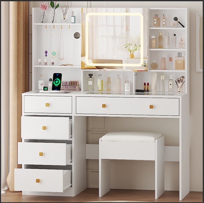 Ktaxon Large 47.2" Makeup Vanity with 3 Color Lights, Vanity Desk with USB Charging Station, Vanity Makeup Table with Visible Drawers, Hidden and Open Storage Shelves, White