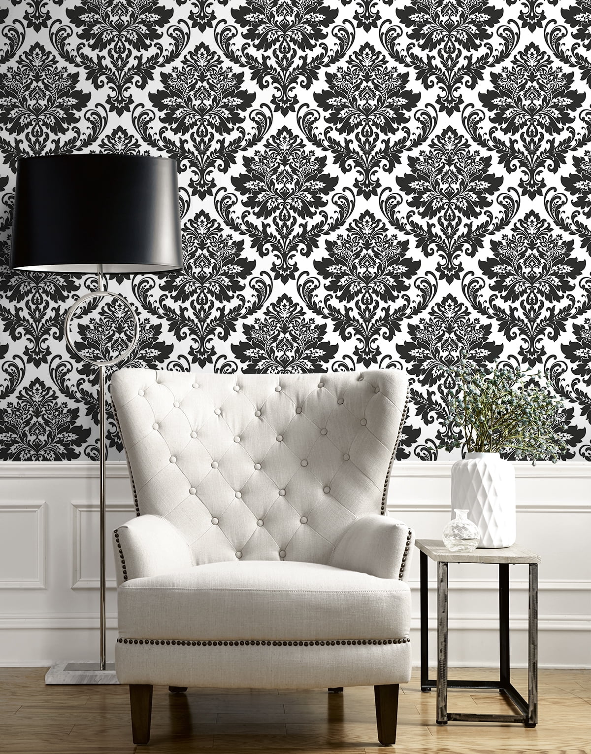 NextWall  Black Damask Peel and Stick Removable Wallpaper - 20.5 in. W x 18 ft. L