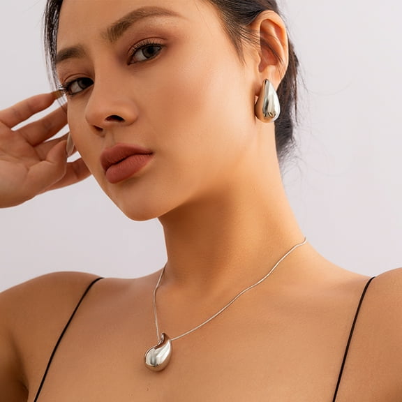 Water Drop Shape Jewelry Set 2 Pcs Necklace Stud Earrings Gold Silver Color Zinc Alloy Simple Style For Woman