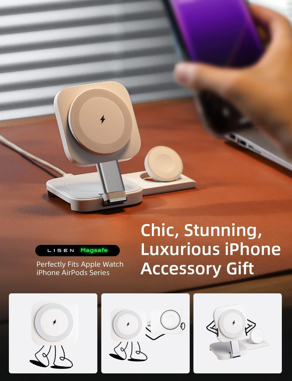 Totoe 3 in 1 Charging Station for Apple Magsafe Charger Travel Accessories, Wireless Charger 3 in 1 for iPhone 16 15 Pro Max Magsafe Accessories Charger for Airpods iWatch iPhone 12-16 White