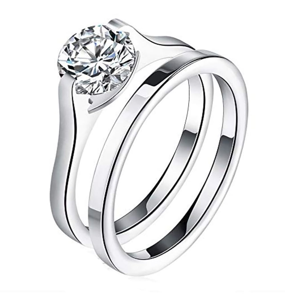 Engagement Ring New Solitaire CZ Womens Stainless Steel Bridal Wedding Band Set
