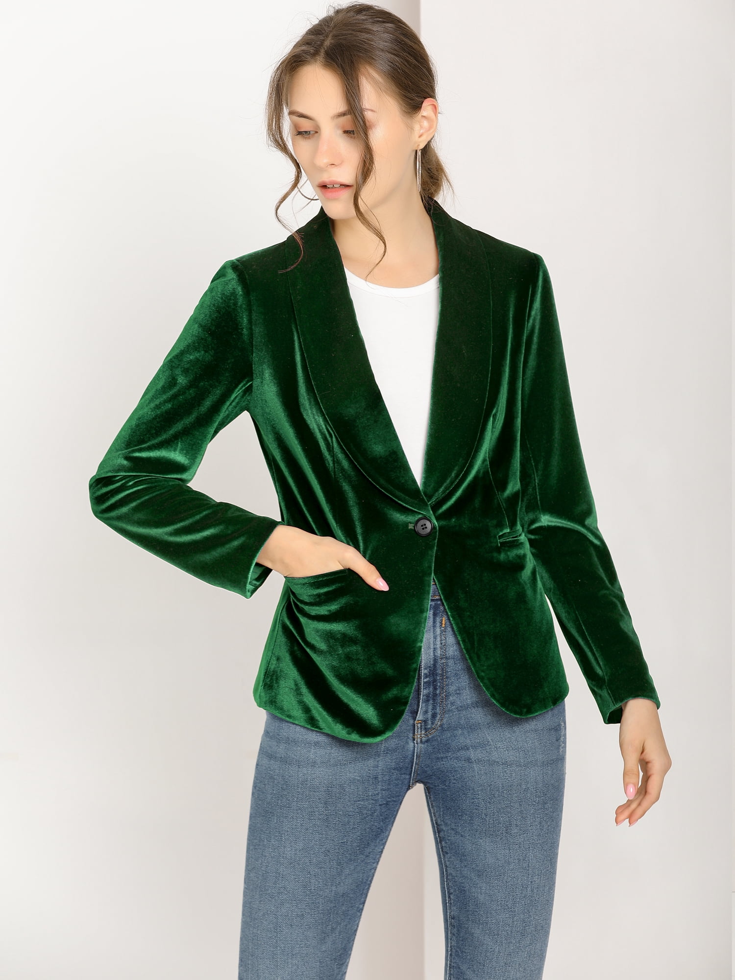 DARING DIVA Women's Velvet Office Coat Solid Shawl Collar Blazer 2XL Green