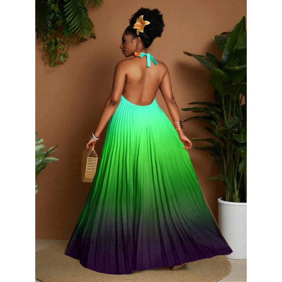 Multicolor Ombre Halter Neck Pleated Maxi Dress For Women Spring Summer