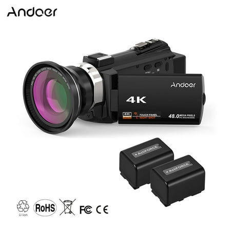 Andoer 4K 1080P 48MP WiFi Digital Video Camera Camcorder Recorder with 2pcs Rechargeable Batteries + 0.39X Wide Angle Macro Lens Novatek 96660 Chip 3inch Touchscreen IR Infrared Night Sight Cold (Best Wide Angle Lens For Night Sky Photography)