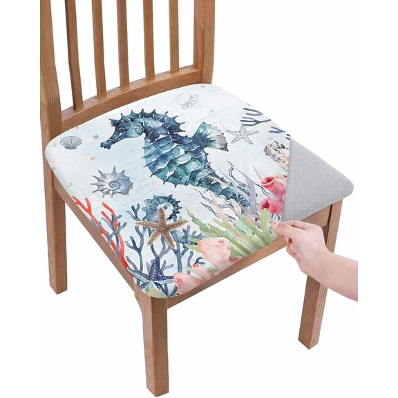 Stretch Dining Chair Seat Covers Set of 6, Removable Washable Chair Covers Seat Slipcovers, Blue Sea Coral Starfish Seahorse Chair Protector Dust-proof Chair Cover Seat for Kitchen/Office Decor