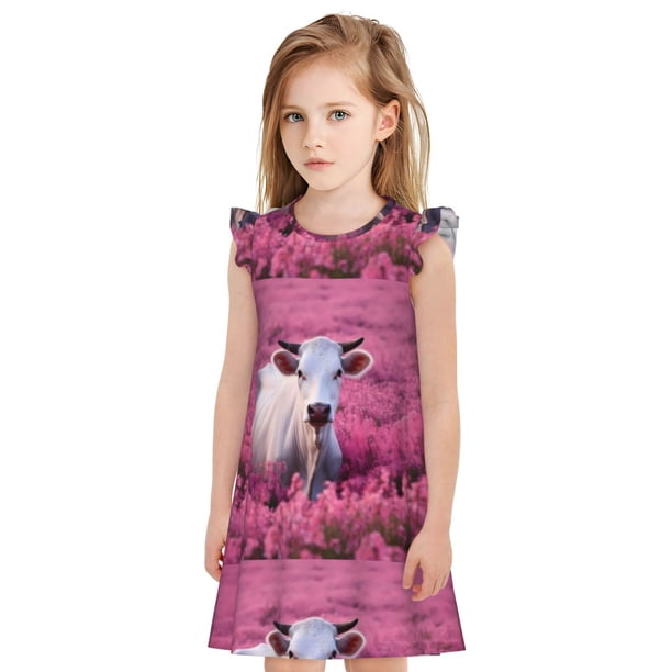 Fotbe Flower Field Cow Vestido de Dormir para Niñas de 3 a 10 Años, Mangas Cortas, Estilo Princesa, Pijama Camisón con Mangas Voladas-Large