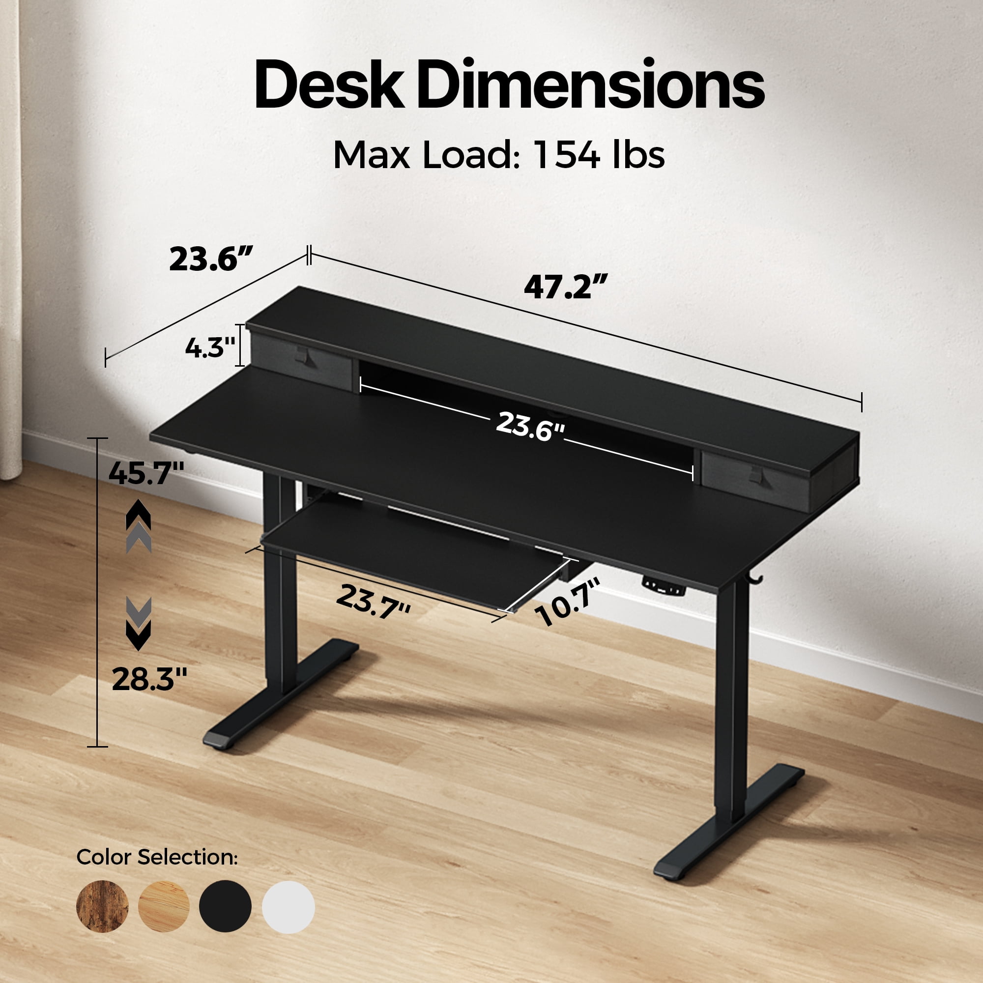 47.2 Inch Electric Standing Desk with 2 Drawers & Keyboard Tray, Adjustable Home Office Desk Ergonomic Sit to Stand Computer Desk with Hooks for Gaming & Work,Black