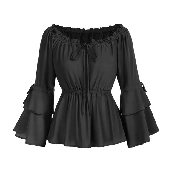Qulqfy Long Sleeve Shirt Women Off the Shoulder Smocked Black Renaissance Blouses Tunic Dressy Casual Peplum Shirts for Women