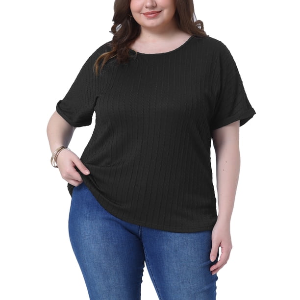 Camisetas de mujer de talla grande GRACE & GRANDEUR, con textura, de manga corta enrollada y cuello redondo, blusas básicas casuales 3X en negro