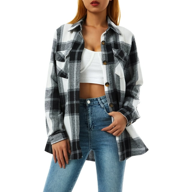 Women Plaid Flannel Shirt Jacket Button Down Lapel Long Sleeve Shacket Cardigan Coats Fall Spring Clothes