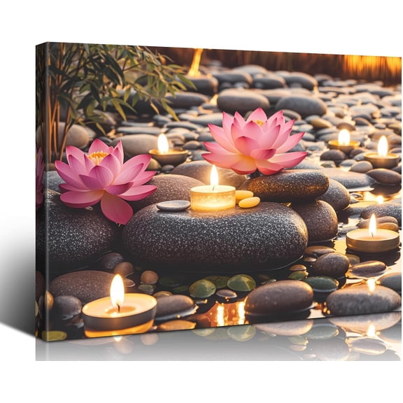 Zen Water Lily Canvas Wall Art,Pink Floral and Yellow Candle on Stone Bedroom Wall Decor,Modern Spiritual Yoga Spa Painting Picture Artwork for Zen Office Decor Bathroom Home