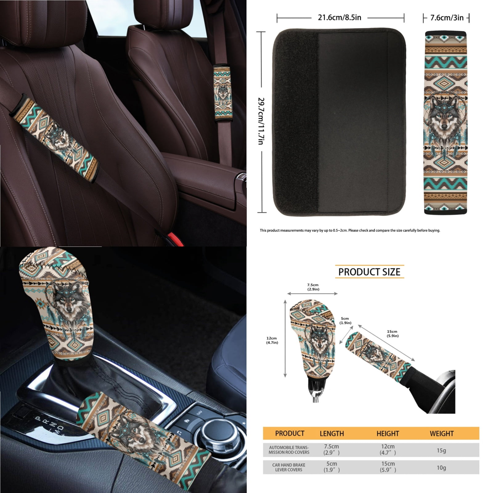 Yuyamidu 14 Piece Aztec Car Seat Covers Full Set Wolf Steering Wheel Cover Seat Belt Pads Garbage Bag Dream Catcher Armrest Cover Handbrake Cover Set Rear View Mirror Protector Coasters