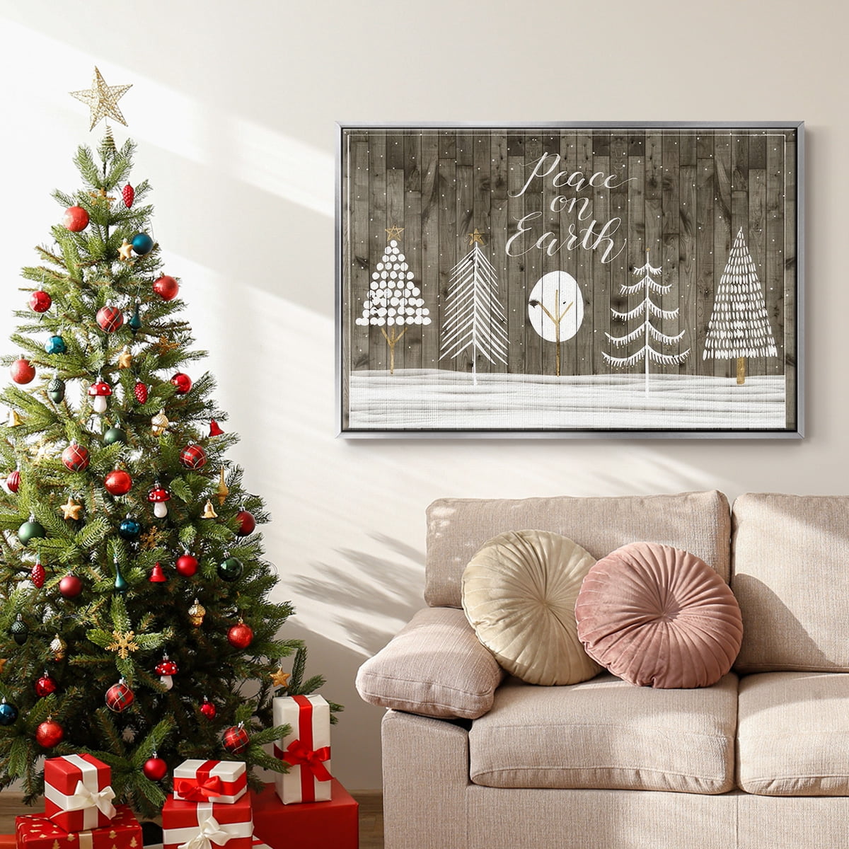 Wooded White Christmas Collection A - Framed Gallery Wrapped Holiday Canvas - 25 x 37 - Silver Frame