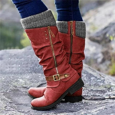 

HOLXI 2024 Platform Thigh High Boots for Women Ladies Fashion Casual Knit Leather Splicing Round Toe Chunky Bottom Mid Heels Over The Knee Long Warm Stretchy Knitted Winter Dress Tall Red
