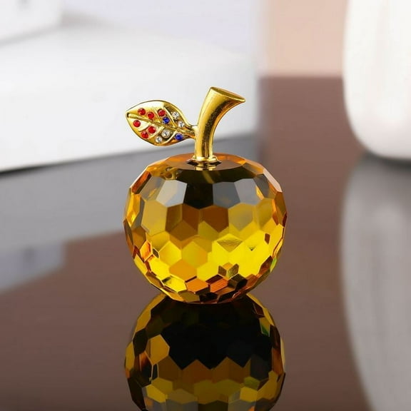 Hxlamzoo Exquisite Glass Apple Decor Ornament | Crystal-Cut Golden Apple Figurine with Gem-Adorned Leaf | 1.57in Elegant Home & Office Decoration