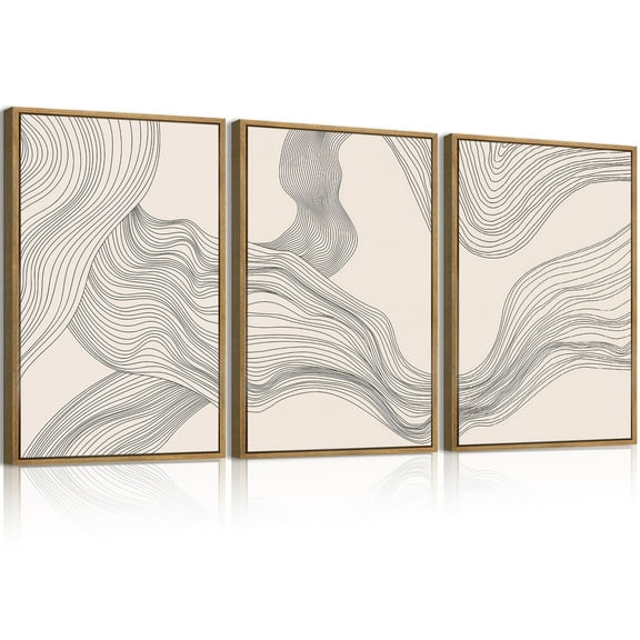 Neutral Abstract Wall Art Framed Modern Beige Wave Wall Decor for Bathroom Living Room Bedroom 16x24 Inch Set of 3