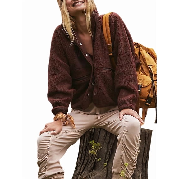 Womens Fuzzy Fleece Jacket Button Down Coats Casual Winter Warm Outwear with Pockets Dark Brown L