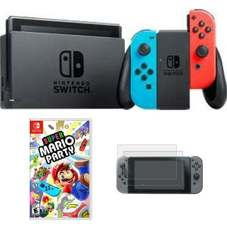 Nintendo Switch 32 GB Console with Neon Blue and Red Joy-Con (HACSKABAA) with Super Mario Party for Switch & Tempered Glass Screen Protector for Nintendo Switch 2017 (2-Pack)