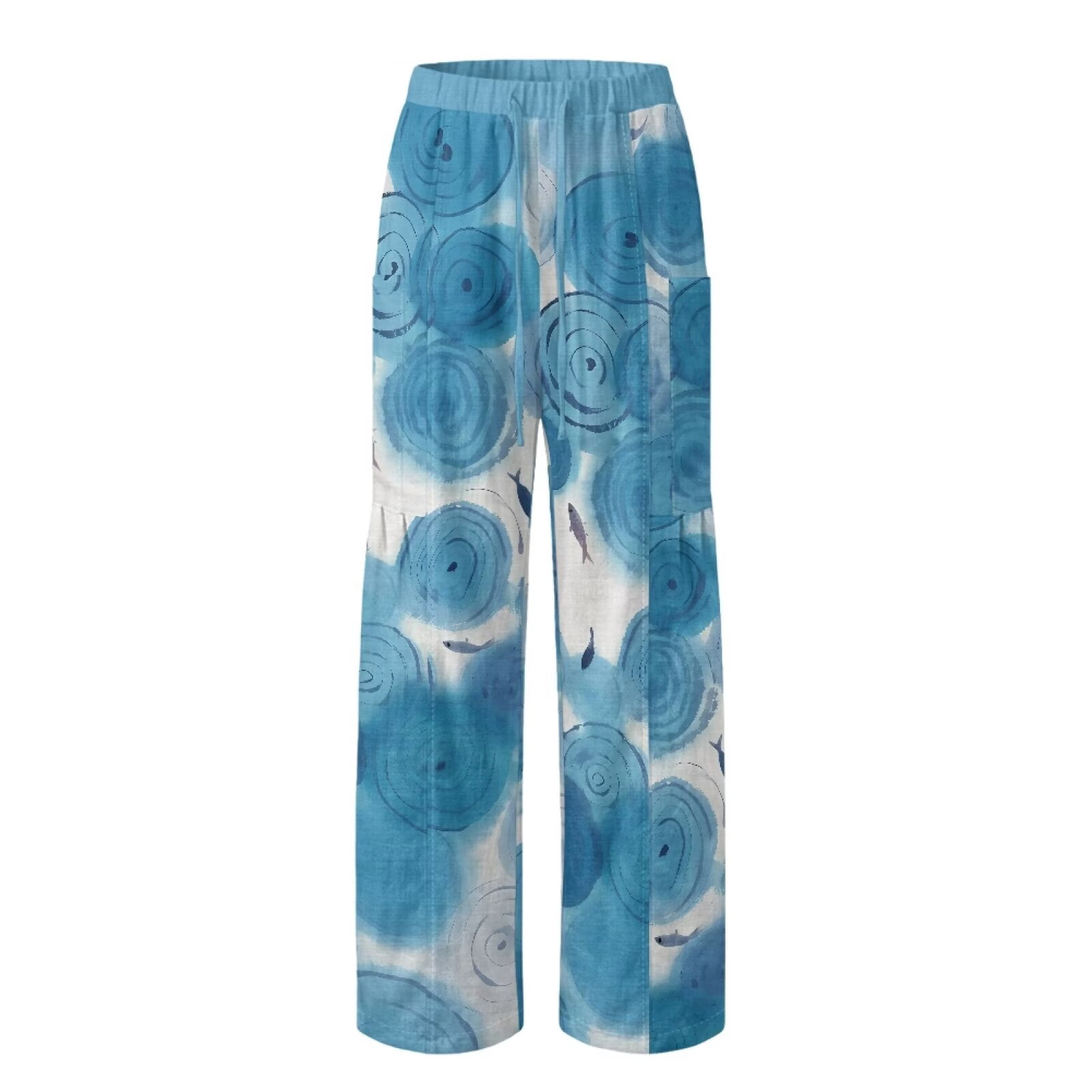 Yuyamidu Chinese Blue Wave Women's Linen Casual Pants Petite Size M Relaxed Fit Flowy Travel Pants Drawstring Lounge Palazzo Trousers Chinese Print Outfits