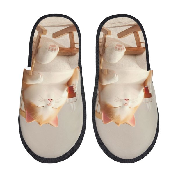 Fotbe Relaxing Cat With Tea Pantuflas Peludas para Mujer con Estampado, Zapatillas de Peluche, Zapatos de Invierno para Casa, Uso Interior y Exterior-Medium