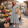 thumbnail image 6 of CIENVNSTG Summer Dresses for Women 2026 Vacation Long Sleeve Maxi Dress V Neck Button Down Flowy Tiered Ruffle Shirt Dress Summer Casual Long Dresses Gray L, 6 of 6