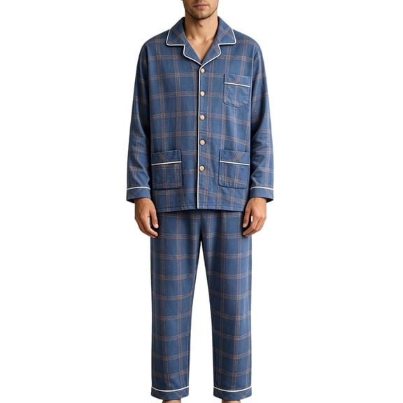 Ecqkame Cotton Pajamas for Men Set Plaid Long Sleeve Lapel Button Down Tops Elastic Waist Pants Casual Comfy 2 Piece Sleepwear Sets Navy XL