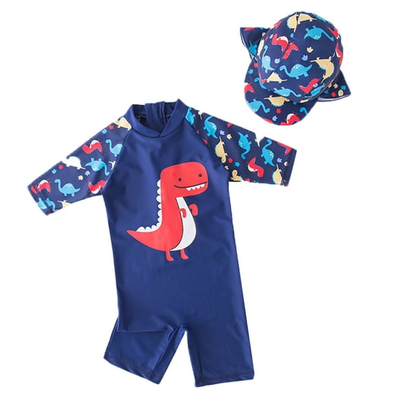 Kid Boys Chic Dinosuar Printed One-Piece Rash Guard with Sun Hat 2pcs Swimsuit Pool Swimwear Beach Bathing Suit