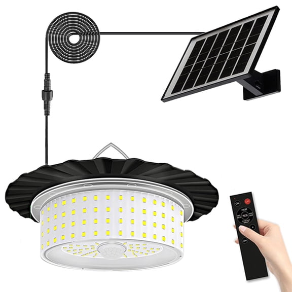 Solar Outdoor Pendant Light with Motion Sensor, IP65 Waterproof, 4400mAh Battery, 5 Modes & Brightness Levels, Dusk to Dawn, 16.4ft Cable for Barn Patio Garden