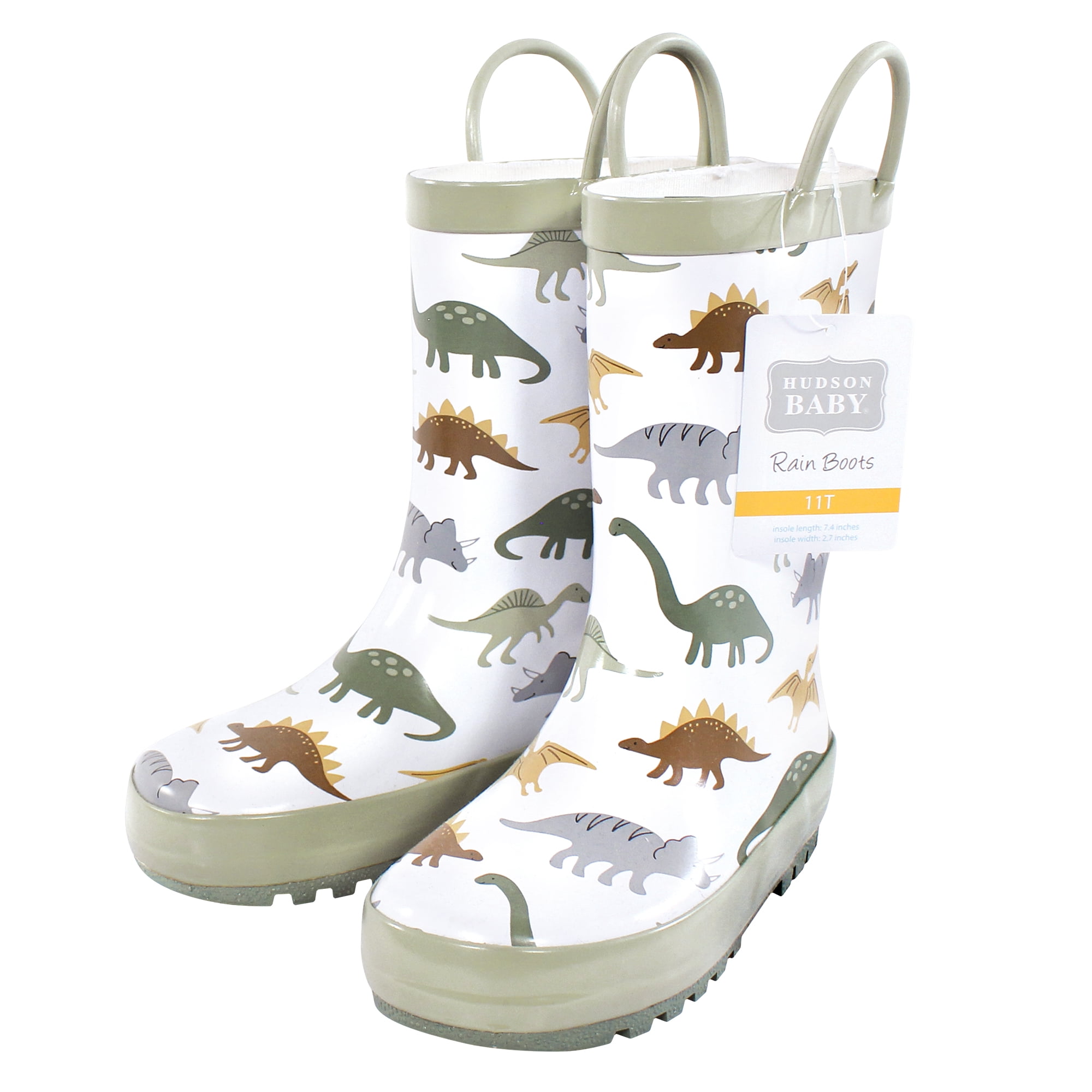 Hudson Baby Boys Rain Boots, Neutral Sage Dinosaurs, 4 Toddler