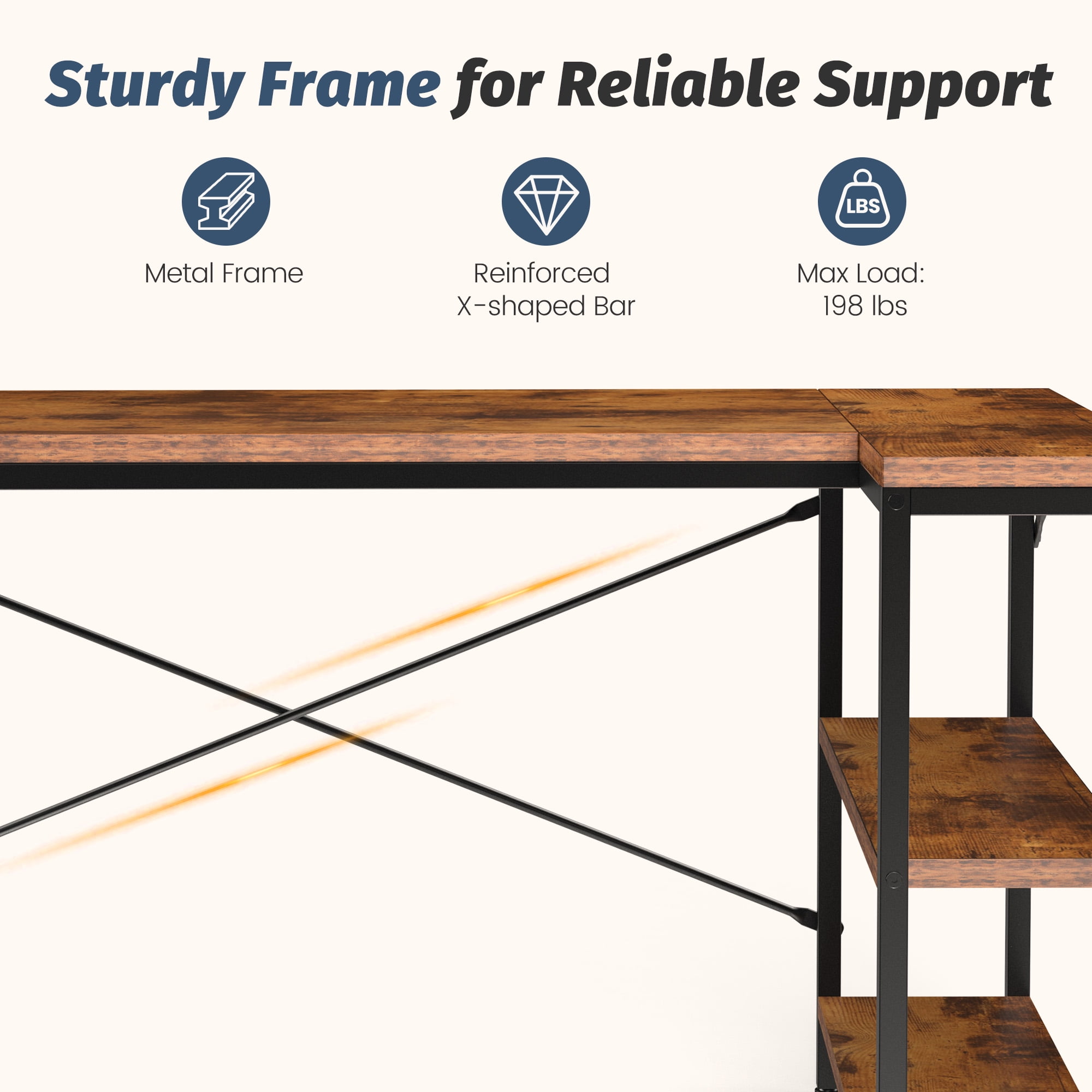 EDX L Shaped Computer Desk, 47 Inch Corner Desk Gaming Table Writing Study Workstation for Home Office, Rust