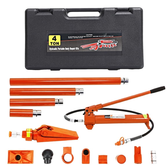 Garvee 4 Ton Porta Power Hydraulic Jack Kit – Heavy Duty Lifting Ram, 4.6 Ft Oil Hose, Pump, Plastic Carry Case – Auto Body Frame Repair, Garage, Farm (4 tons | Plastic tote | Orange RAL2004)