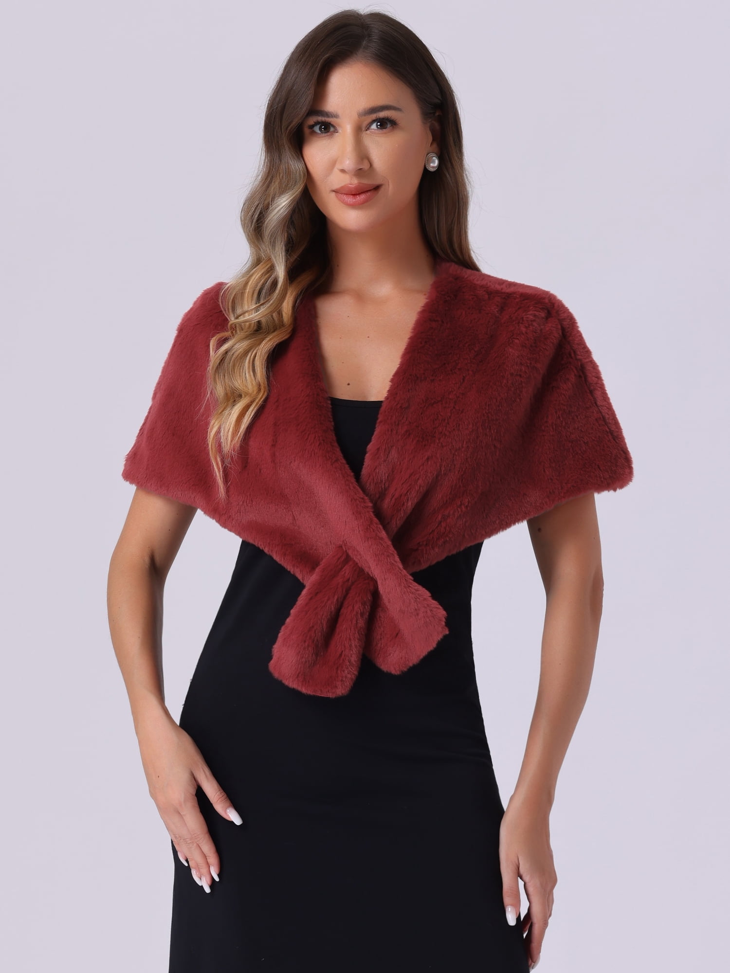 DARING DIVA Women's Faux Fur Shawl Stole Winter Wedding Wrap L Burgundy