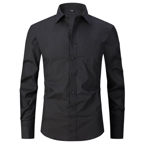 Dwellite Mens Button Down Dress Shirts Long Sleeve Stretch Business Casual Wedding Dating Solid Color Shirt Black 3XL