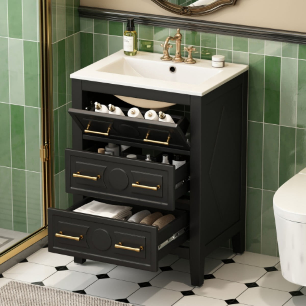 24" Bathroom Vanity with Ceramic Sink Combo, Freestanding Bathroom Storage Cabinet with 3 Drawers, Solid Wood Frame, Black