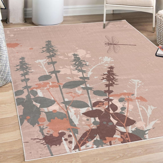 Dragonfly Decorative Rug, Nature Plants Grass with Wildflowers with Paintbrush Effects Print Art, Quality Carpet for Bedroom Dorm and Living Room, 6 Sizes, Pale Redwood, by Ambesonne