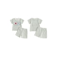 thumbnail image 2 of BemeyourBBs Toddler Baby Boys Summer Clothes Mothers Day Outfit I love Mom Letters Embroidery Short Sleeve Waffle Striped T Shirts with Pockets Shorts 2Pcs Set, 2 of 9