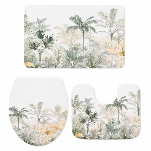Green Yellow Palm Tree Bath Mat 3 Piece Bathroom Rug Set, Summer Botanical Tropical Non Slip Bath Rug Contour Mat and Toilet Lid Cover, Absorbent Shower Mats Soft Bath Rugs and Mats Sets