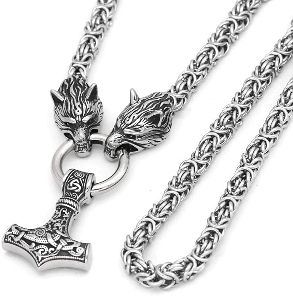 Stainless Steel Wolf Norse Viking Amulet Thor Hammer Pendant Necklace King Chain 
