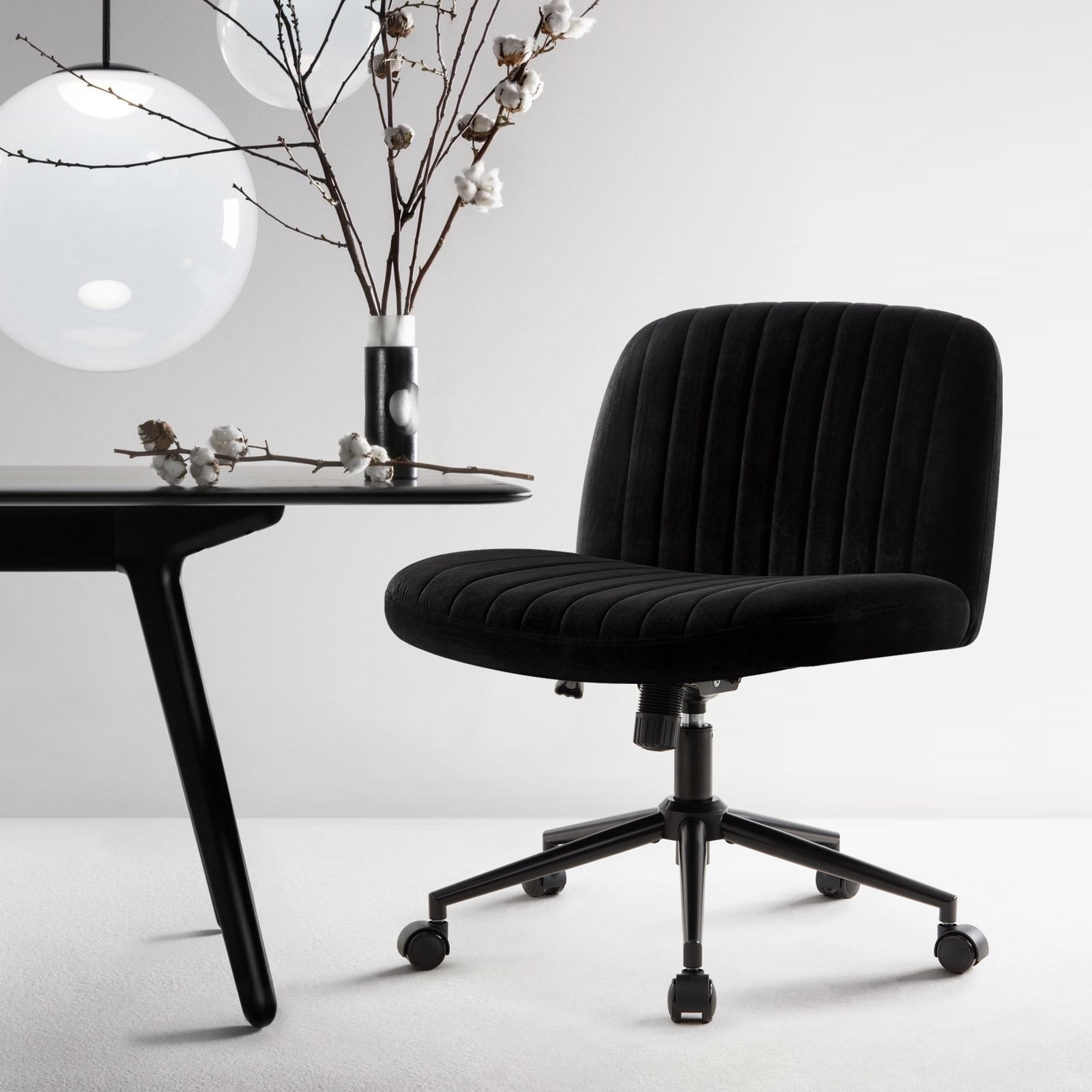 IWMH Ergonomic Armless Task Office Chair with Wheels, Cross Legged Wide Seat Desk Chair, Black Velvet Upholstered Swivel Vanity Chair, for All Ages