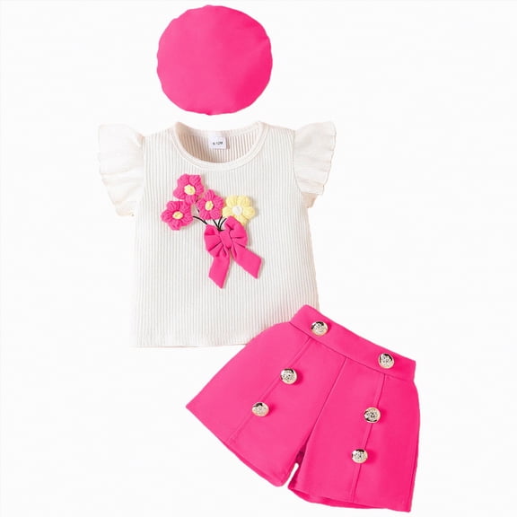 Hessimy Baby Girl Outfit Tops and Shorts Set Toddler Girl Spring Summer Clothes,Spring Summer Wear(Hot Pink,18-24 Months)