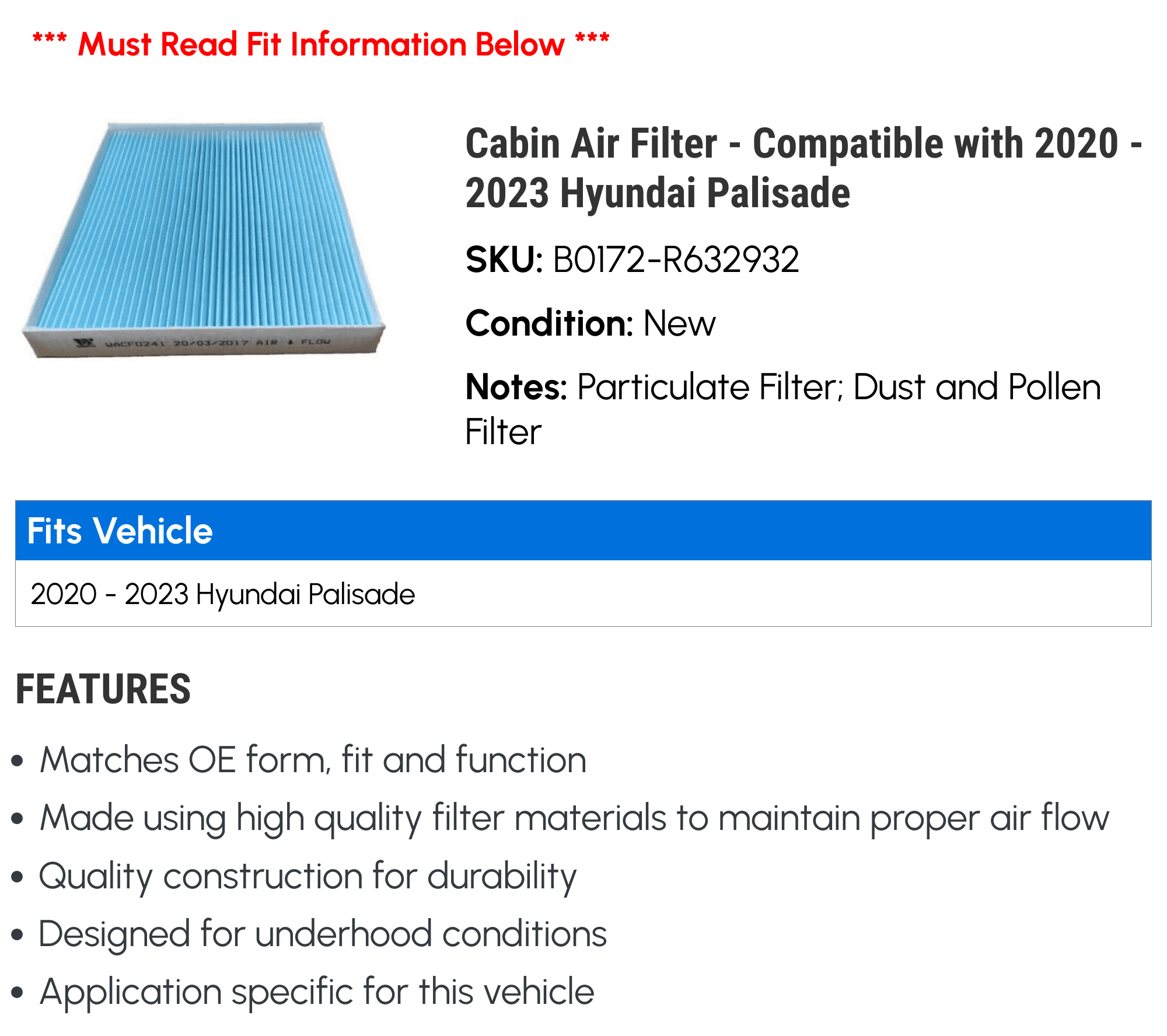 Cabin Air Filter - Compatible with 2020 - 2023 Hyundai Palisade - Beck Arnley