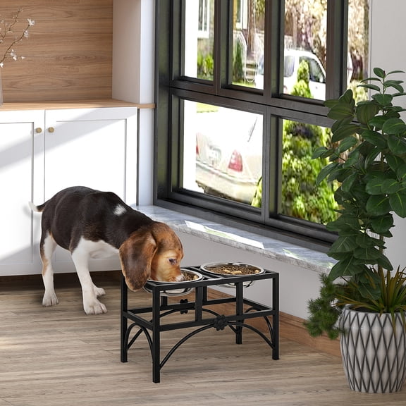 ZephyPaws Double Dog Bowl Feeder Stand with Stainless Steel Bowls, Non-Slip Elevated Dog Food and Water Dish Holder for Medium Large Dogs, Anti-Tip Iron Frame (Black & Silver)