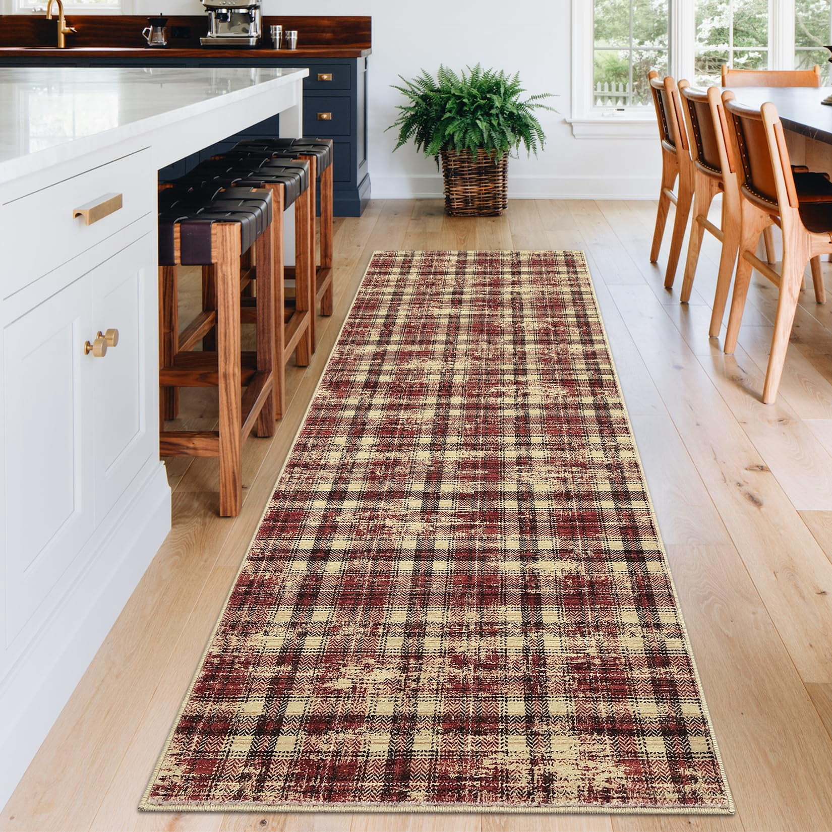 2'x10' Washable Soft Plaid Traditional Tartan Runner Rug - Non Shedding, Non Slip, Stain Resistant Carpet for Living Room, Bedroom, Nursery, Office, Machine Washable, Red