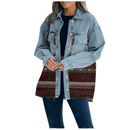 

Hwmodou Women s Denim Jean Jackets Long Sleeve Casual Aztec Print Splice Button Down Coat Outwear Pocket Warm Jackets For Women