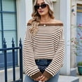 thumbnail image 4 of Womens Off the Shoulder 2025 Fall Winter Long Sleeve Striped Sweater Oversized Knitted Pullover Tops Coffee Color L, 4 of 6