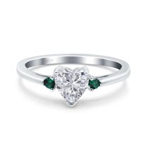 Simulated Cubic Zirconia Size-5 Art Deco Heart Three Stone Wedding Bridal Ring Round Green Emerald CZ 925 Sterling Silver