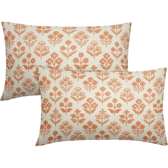 Orange Floral Pillow Covers 12x20 Inch Set of 2, Block Print Lumbar Flower Cream Decorative Throw Pillowcases Outdoor Farmhouse Rectangle Cushion Covers Spring Summer Sofa Couch Bed Decor