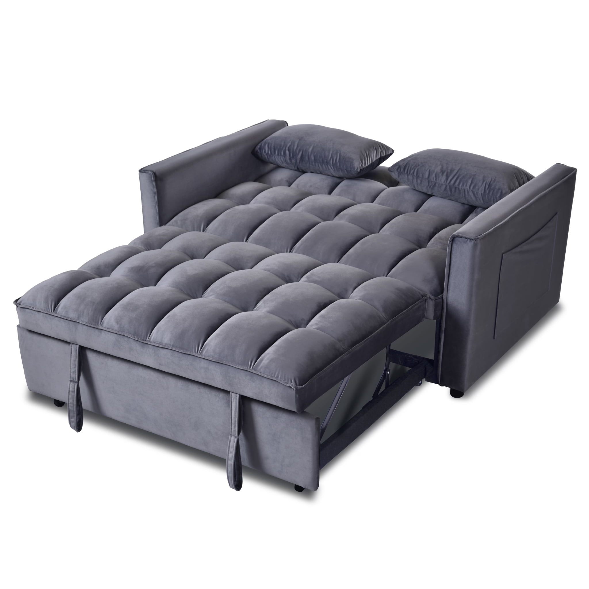 MAYEERTY Convertible Sofa Bed, Velvet Pullout Couch with Adjustable Backrest, Grey
