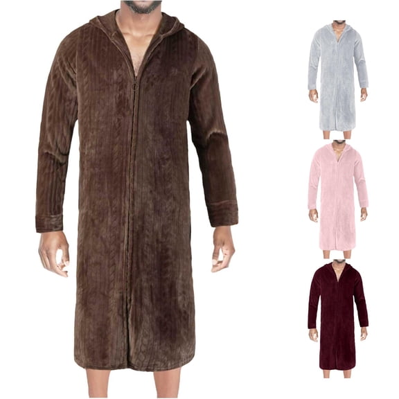 Wxolcjlv Men's Solid Robe Hooded Zip Front Long Sleeve Fleece Nightgown With Side Pockets