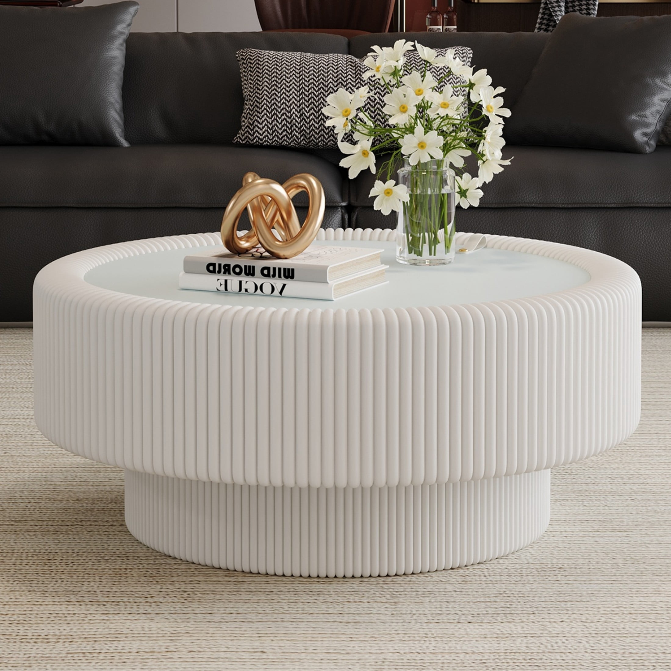 Noble House Morade 31.5" Fluted Round Storage Coffee Table with Glass Top & Leather Wrapped for Living Room, White